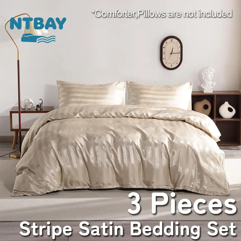 NTBAY Satin Stripe Bedding Set, 3 Pieces Elegant Striped decorative suit, Comforter Cover with Zipper Closure, Soft Breathable & Wrinkle Free, Machine Washable, King/Queen/Twin, Oeko-Tex