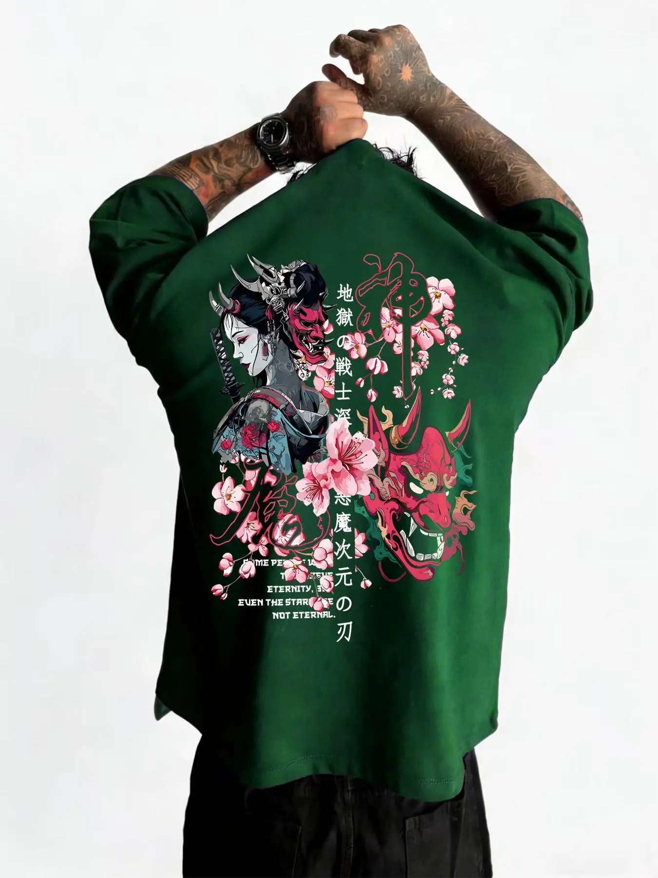Japanese Retro Traditional Geisha Sakura Pattern Short Sleeve T-Shirt, Casual Fitted Long Length Top for Unique Style, Perfect for Everyday Wear