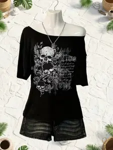 Gothic Punk Skull Off-Shoulder Print Statement T-Shirt, Asymmetrical Design, Loose-Fitting, Short Sleeve, Casual Streetwear for All Seasons