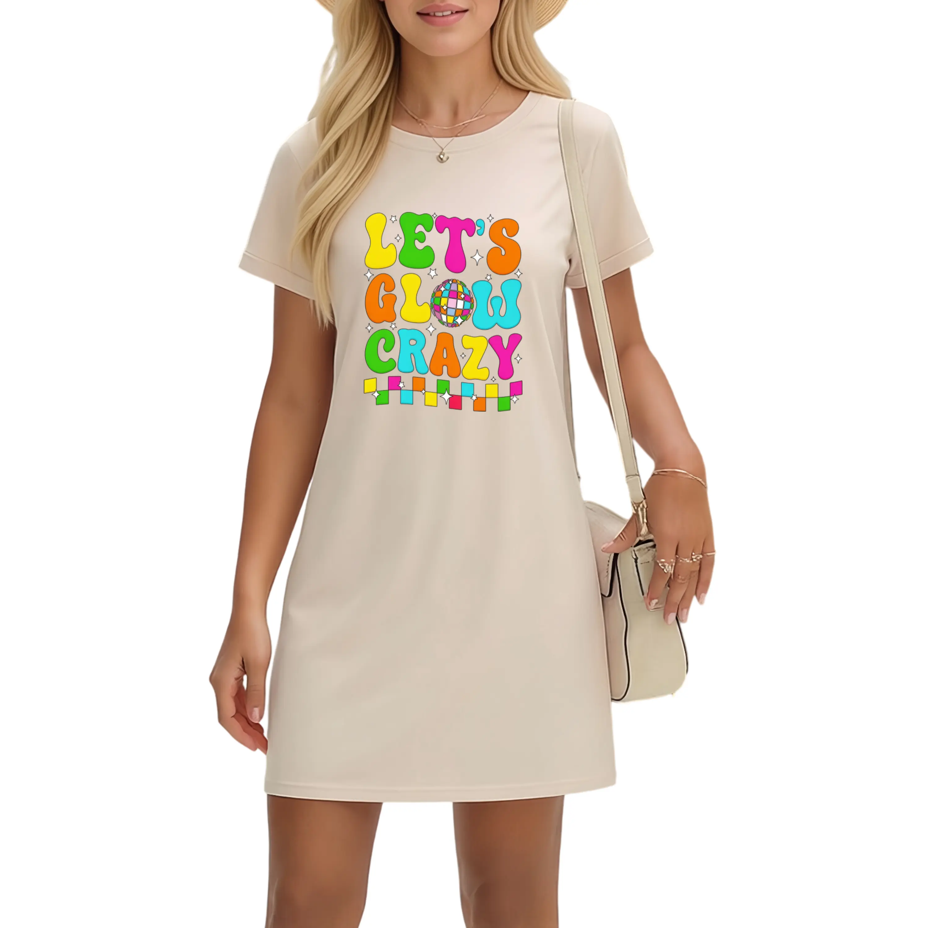 Retro 80s Inspired Women's T-Shirt Dress – Colorful Letter Print with Disco Ball & Stars, Black Round Neck, Perfect for Summer Parties and Vintage Style Casual Fabric