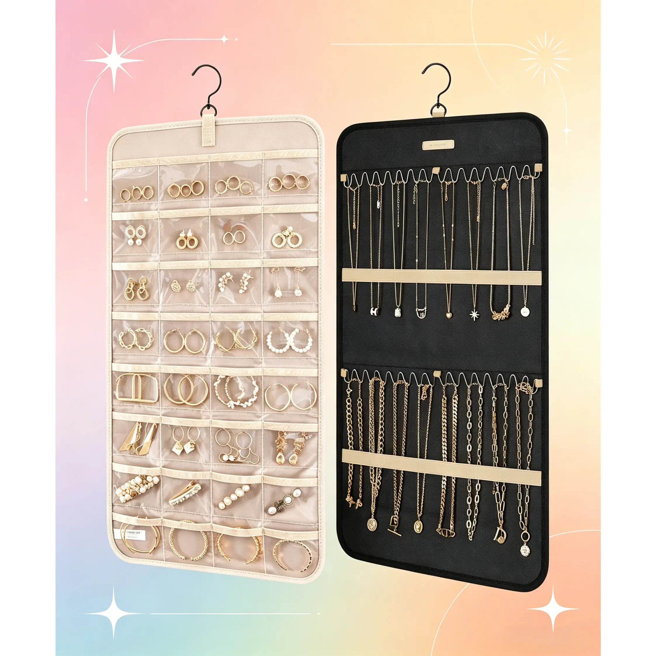[HUOMAQFAN] Hanging Jewelry Organizer with Metal Hook, Double-Sided Storage Bag with 32 Clear Pockets for Necklaces, Earrings, Rings & Bracelets - Hanging Holder for Closet, Wall, Door