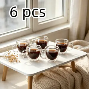 6pcs 80ml Food-Grade Borosilicate Glass Coffee Cups, Double-Wall Insulated & Anti-Scald Mugs with Handles, Compact for Outdoor Camping, Home Tea Time & Office Espresso Coffee Cup Set