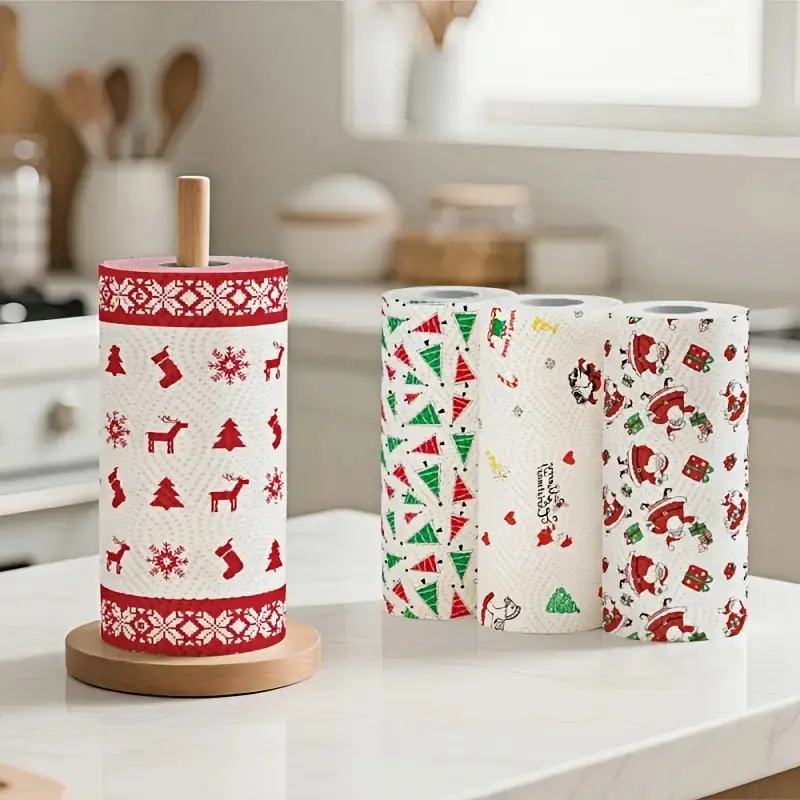 Christmas Kitchen Paper – Thick 3-Layer Disposable Roll, Wet & Dry Dual-Purpose Household Paper Towels, Cleaning Supplies, Household Items, Random Style, Xmas Home Cleaning, Christmas Gift Idea, Absorbent Tissue, Holiday Decor Paper