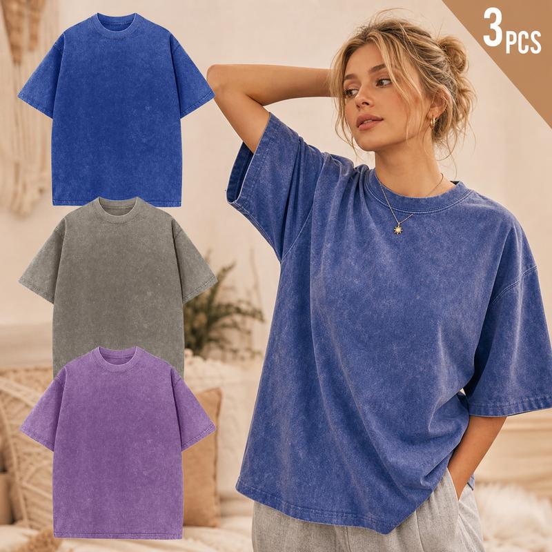 Women's 3-Pack Crew Neck Long Sleeve T-Shirts - Vintage Acid Wash, Baggy Cut, Breathable Combed Cotton Tees for Streetwear Outfits & Layering