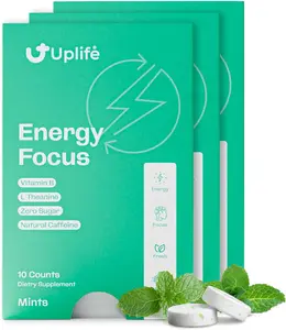 Uplife Energy + Focus Mints 30 Pieces – Fast-Acting 40 mg Caffeine Mints with 80 mg L-Theanine + Niacin Vitamin B3 & B12 - Sugar Free Mints & 100% Vegan – Fresh Mint for Natural Energy Boost