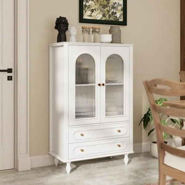 Bellemave 46.5” Height Wood Freestanding Curio Cabinet - Ribbed Doors, Glass Insert Cabinets, 2 Drawers, Adjustable Shelf, Buffet Unit, Assembly Required, Above 25 kg, for Living Room, Dining Room