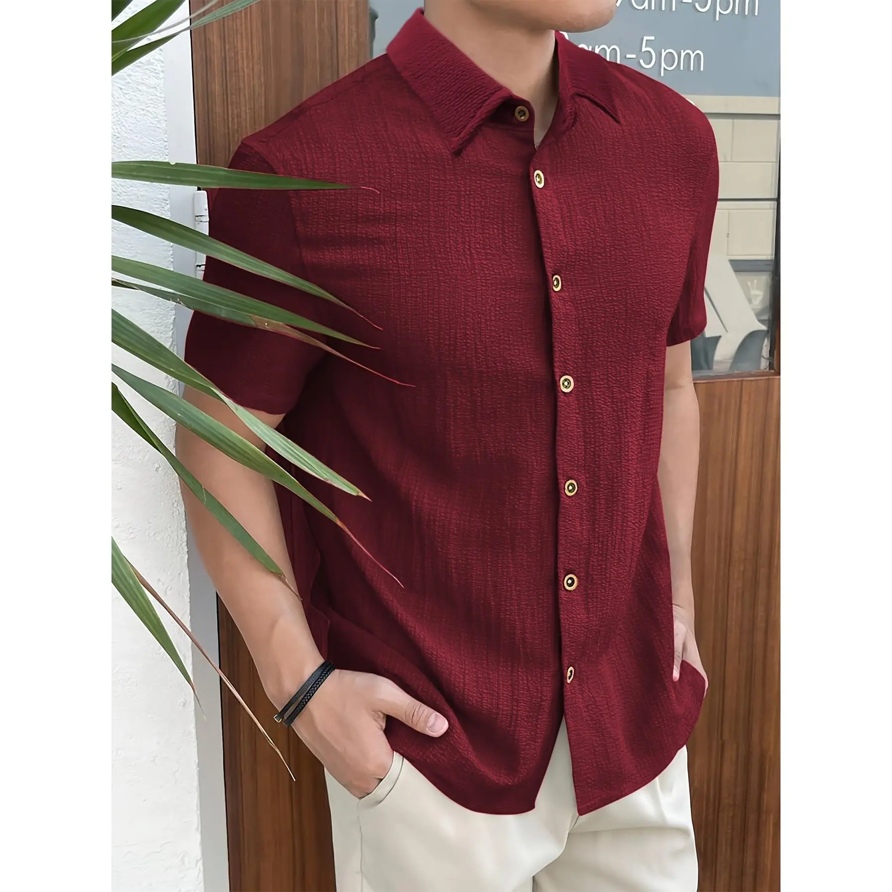 Men's Maroon Textured Stretch Fabric Shortsleeve Button-Up Top - Collar, Chest Pocket, Machine Washable, Casual Sporty for Summer Outdoor Activities, Polyester, Striped, Sporty Chic, Textured Knit, Stretch Poly, Menswear, Shirts, Short-Sleeve Shirt, Colla