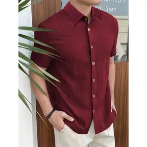 Men's Maroon Textured Stretch Fabric Short-Sleeve Shirt - Casual & Sporty with Chest Pocket, Button-Up Collar, Machine Washable for Summer Outdoor Activities