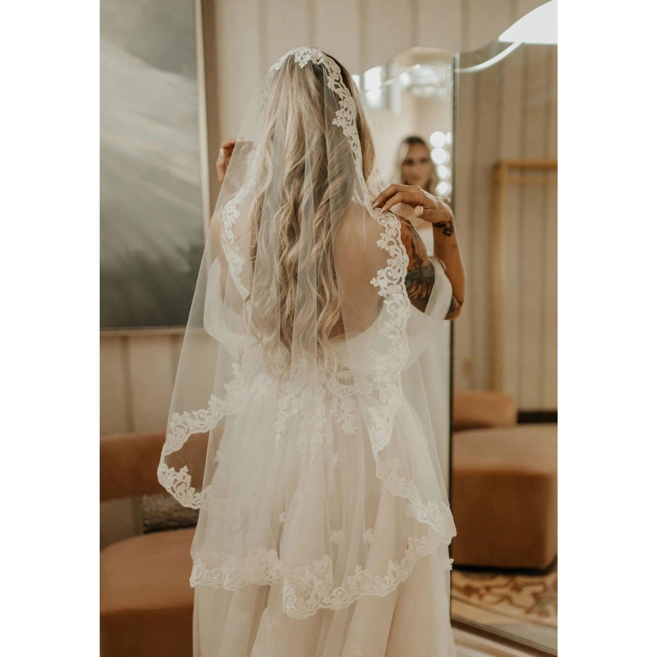 Fingertip Length Mantilla Wedding Veil with Lace Trim, Mid Length Bridal Veil