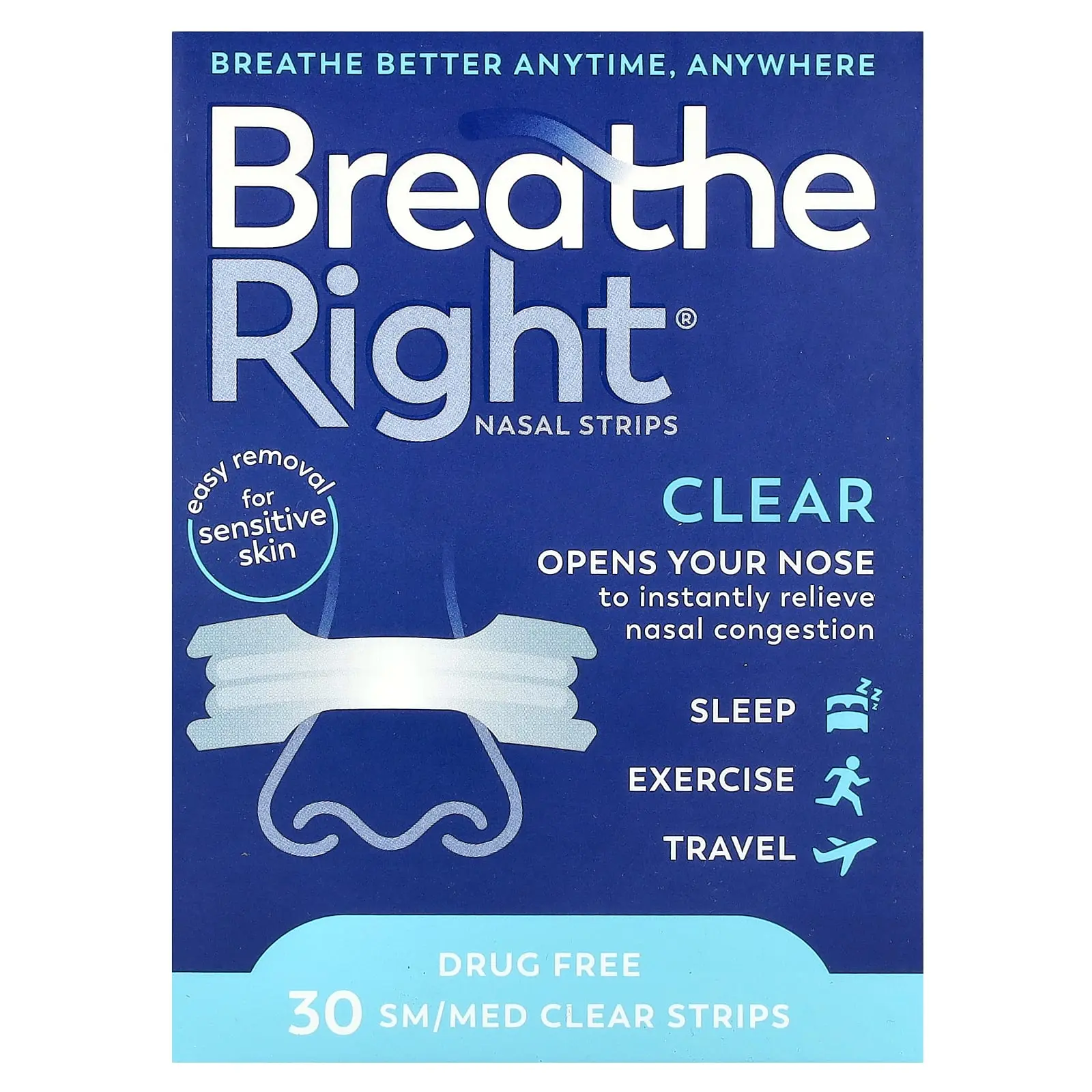 Breathe Right Nasal Strips, SM/Med, Clear, 30 Strips | HSA/FSA Eligible