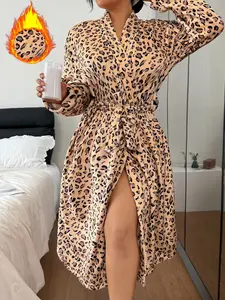 Plus Size Women's Elegant Leopard Print Flannel Fitted Sleeprobe Loungewear, V Neck Long Sleeve Fall Winter Pajamas, Adjustable Waistband Nightwear