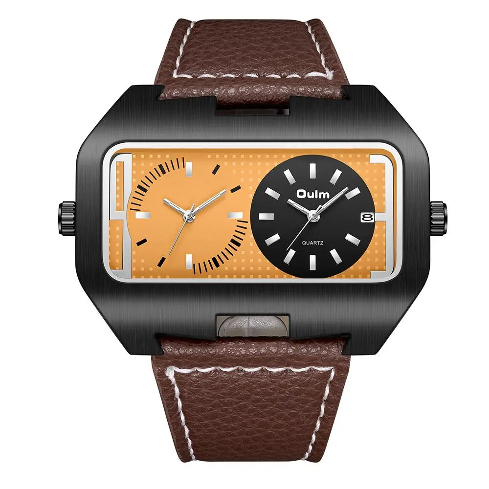 OIDEA Men's Analog Display Male Watch - Big Square Face Quartz Watch with Dual Multi-Time Zones, Date Display, Leather Band for Casual Wear