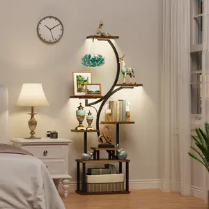 Display Shelf with LED Lights, Corner Shelf Stand, 62" Tall Bookshelf, 8-Tier Bookcase for Collectibles, S-Shaped Modern Corner Display Book Shelves for Bedroom Living Room, Rustic Brown Tree-Shaped Indoor Plant space-saving storage solution