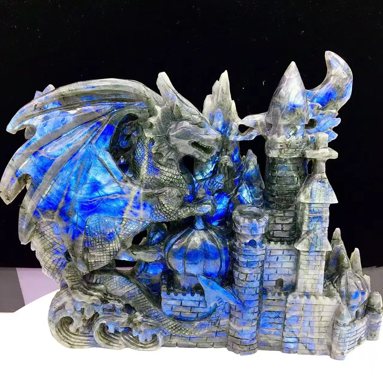 Hand-Carved Labradorite Dragon Statue, Mythical Flying Dragon Figurine, Natural Crystal Ornament for Home Decor Collection