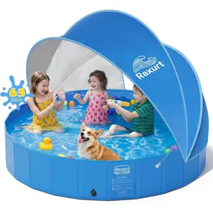 63in Kiddie Pool with Canopy - Large Foldable Toddler Pool with Detachable UPF 50+ Sunshade, Portable Non-Slip Kids Swimming Pool Collapsible Dog Pool for Outdoor Backyard Beach