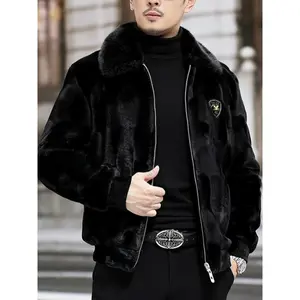 Men's Casual Faux Mink Jacket with Faux Fur Collar, Long Sleeve Zippered Polyester Biker Coat, 100% Polyester Lining, Style 984 Tops - Collared Menswear Fabric Motocross Black