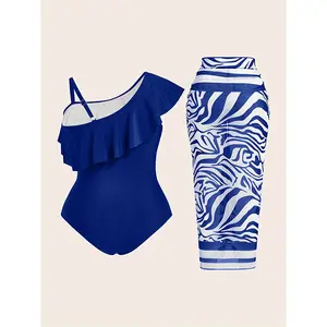 2026 Summer Blue One Shoulder Ruffle Two Piece Swimsuit With Cover Skirt Pool Vacation Swimwear