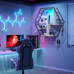 39 inch Wide Gaming Floating Shelves with LED Lights, Wall Decor Shelf with Adjustable Glass Shelf, Wall Shelf with 8 Key Hooks, Teen Room Decor, Wall Display Shelf for Collectible Living Room Game Room White