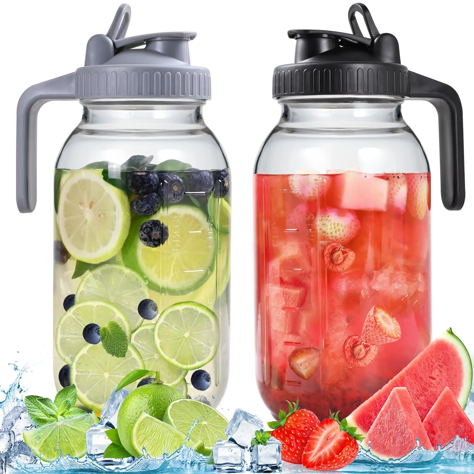 2-Pack Airtight Beverage Pitcher - 64 oz Wide Mouth Mason Jar Double Glass Kettles & Jugs, Leakproof Multi-Drink Container with Pour Spout Lid, for Breast Milk, Everyday Refrigerator Storage