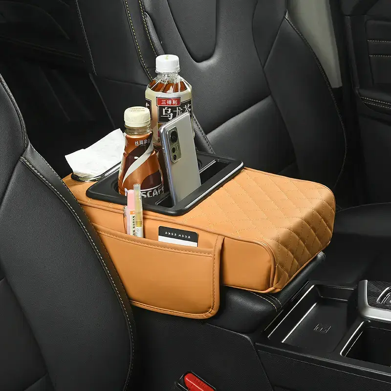 Universal center console rmrest box storage pocket, car interior accessories for stowing tidying, Car center console armrest pad, Cup holder & phone storage for vehicles long distance driving traval, Multifunctional 4 in 1 car storage bag
