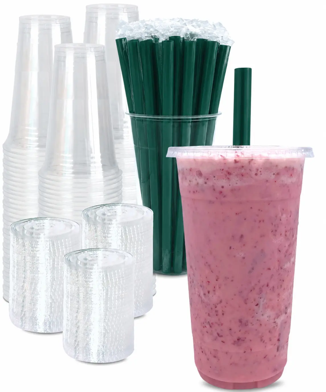 Summer Wins Kesaplan 50Pack 32oz Thicker Clear Plastic Cups with Lids and Thicker Straws with Paper-wrapped Disposable Drinking Cups Totally Satisfied Large capacity for Cold Drinks, Iced Coffee, Milkshakes, Smoothies