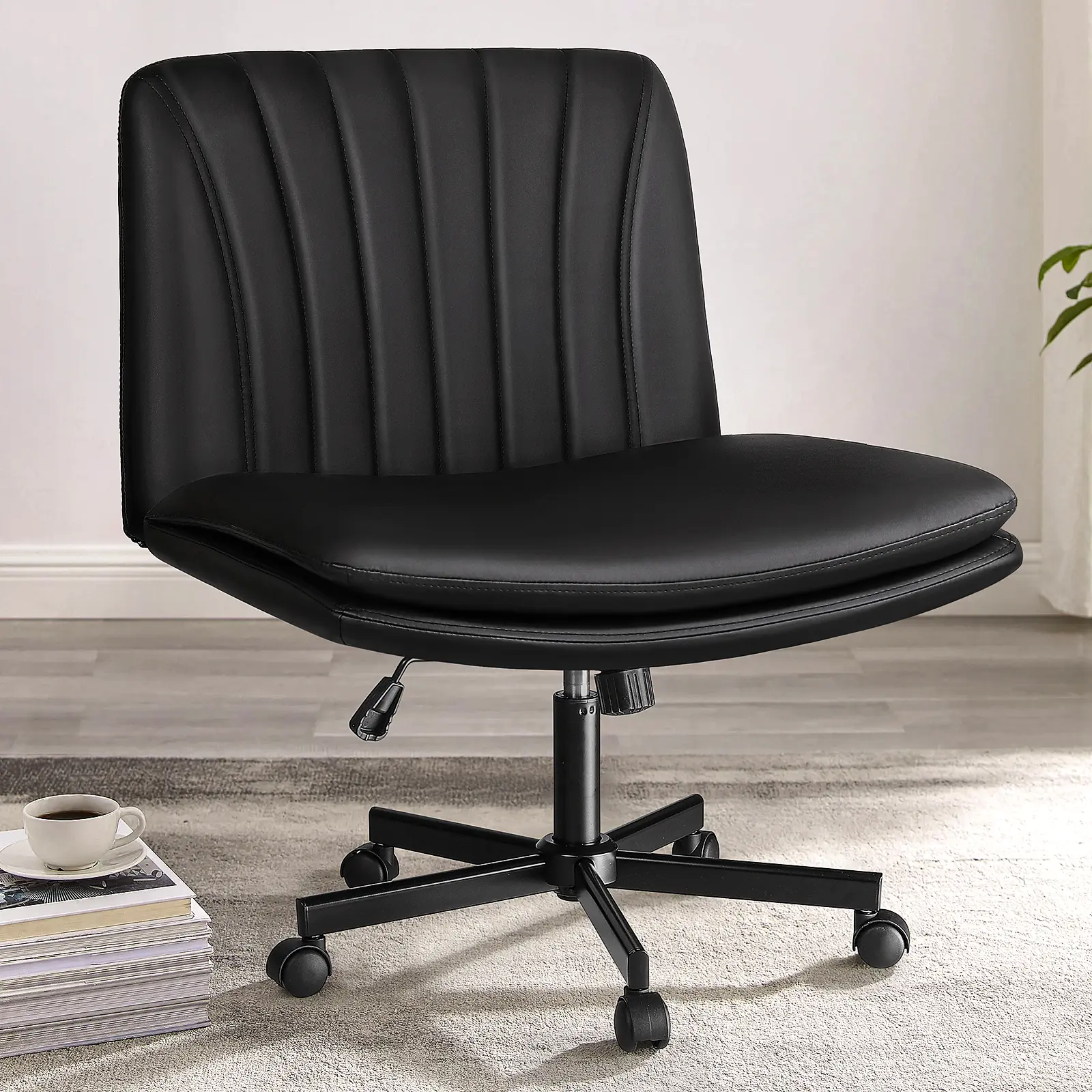 PUKAMI Criss Cross Chair with Wheels,Armless Cross Legged Office Desk Chair,PU Leather Swivel Modern Comfy Vanity Adjustable Wide Computer Task Chairs for Home Office (White)