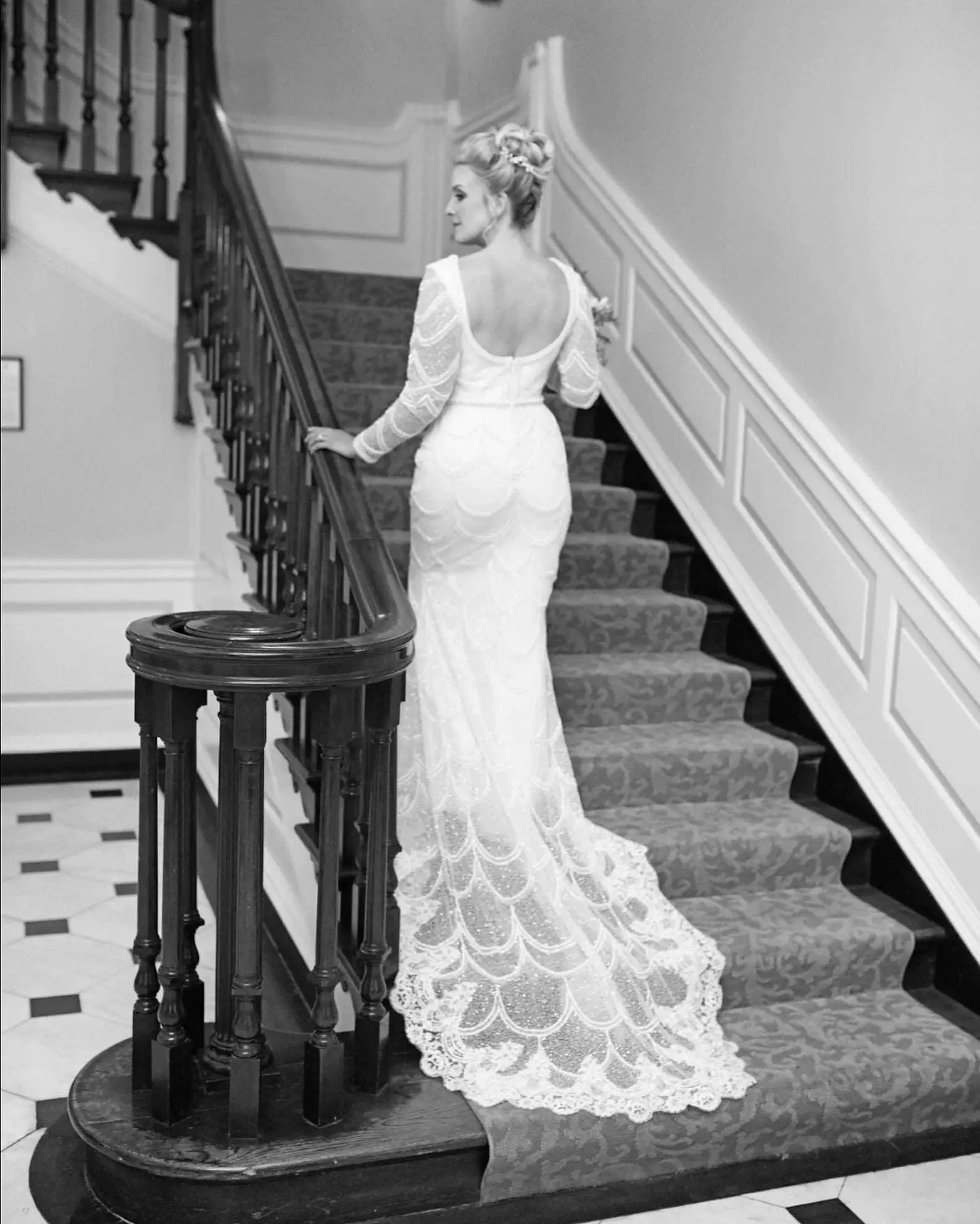 Women's Heavily Beaded Fit-and-Flare Eliza Bride Dress - Elegant, Glamorous, Luxury, Romantic Wedding Dress, Scoop Neckline, Fitted Sleeves, Chapel Train, Formal Bridal Attire, Elegant Wedding Dresses