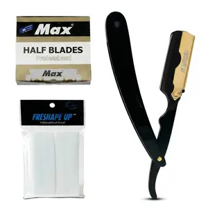 Professional Straight Black & Gold Razor for Men – Barber Straight Razor Safety Kit with 100 Single Edge Blades (4.4 cm) & 10 Hairline Wipes for Precise Shaving