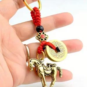 Retro Chinese Lucky Pendant Keychain - Horse and Coin Design with Red Gold Braided Rope - Zinc Alloy and Copper Alloy Materials, Suitable for Car Keys and Bags, Chinese New Year Horse and Coin Theme Lucky Keychain, Christmas, Easter