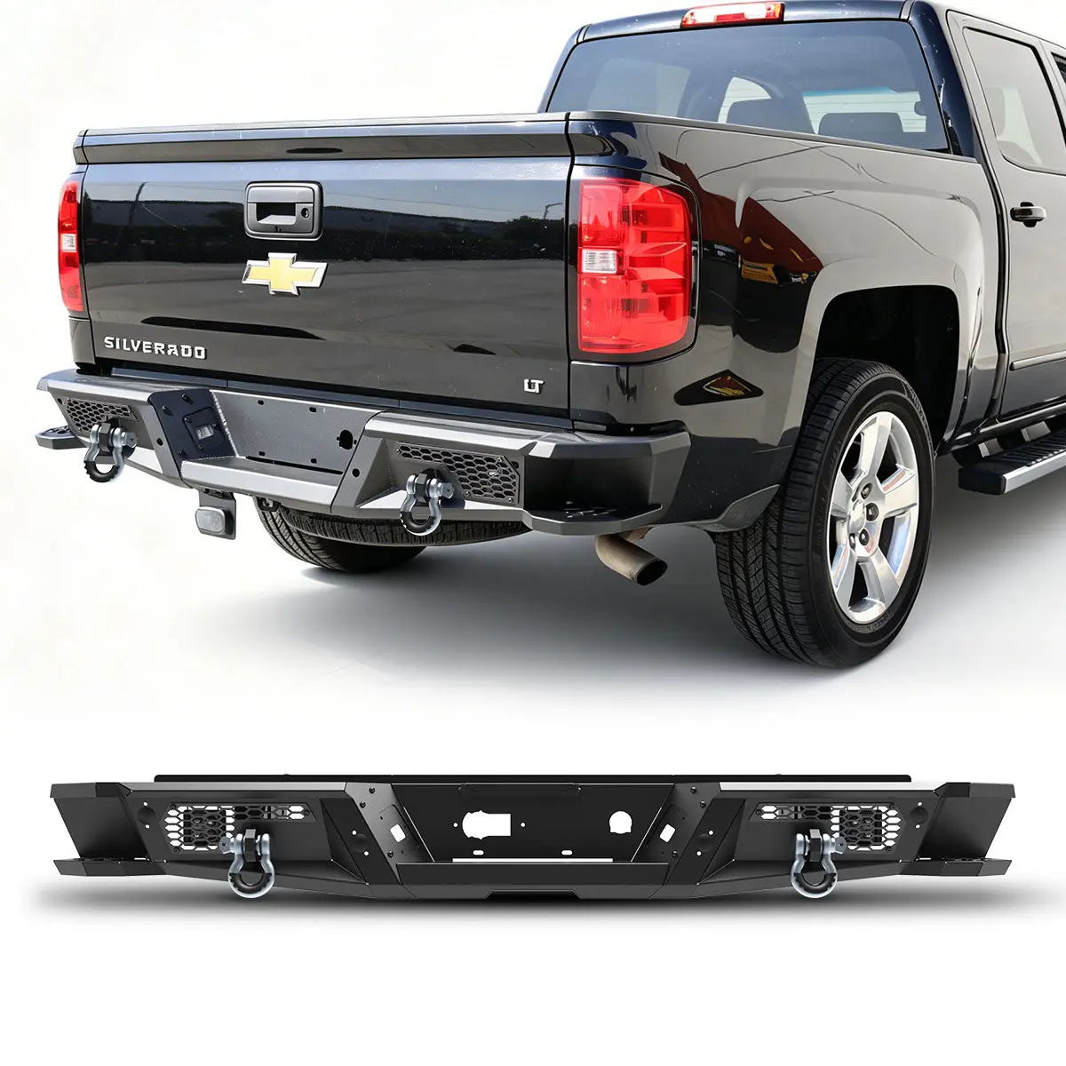 WOLFSTORM Heavy Duty Rugged Steel Rear Bumper with Light Pods - Auto Replacement Part, Truck Accessories for 2007-2018 Chevrolet Silverado 1500, 2007-2018 GMC Sierra 1500 Truck, Boosts Vehicle Protection