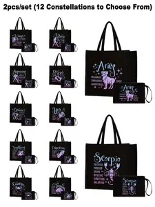 Ombre Zodiac Print Tote Bag & Pouch Set, Includes 1 Black Linen Tote Bag And 1 Pouch/Coin Purse, Personalized Gift Packaging, Birthday, Thanksgiving, Christmas Gift