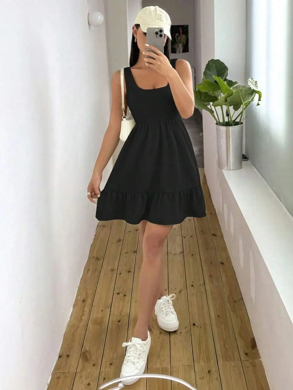 Women’s Wide-Strap Ruched Mini Dress – Minimalist Casual Christmas Outfit