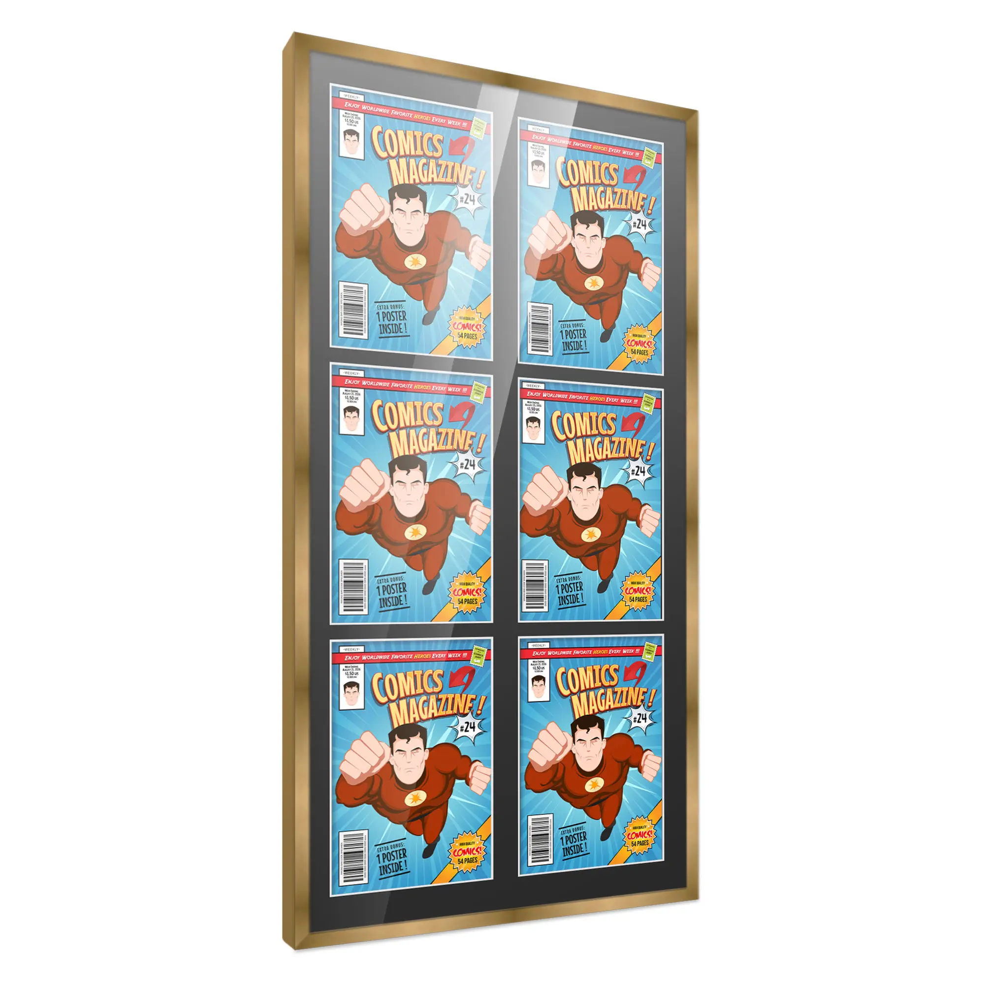 Comic Book Frame with Mat for 6 Silver Age Comics Published Between 1956 and 1970 - Bronze Wood Comic Frame With Black Mat for 7.125x10.5 Comics - 20x38.5 Frame Size
