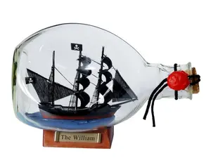 360 Stand Handmade Wooden-Metal-Glass Calico Jack The William Pirate Ship in a Bottle, 4x7x3.5" Home Decor Statue Figurine for Indoor Display