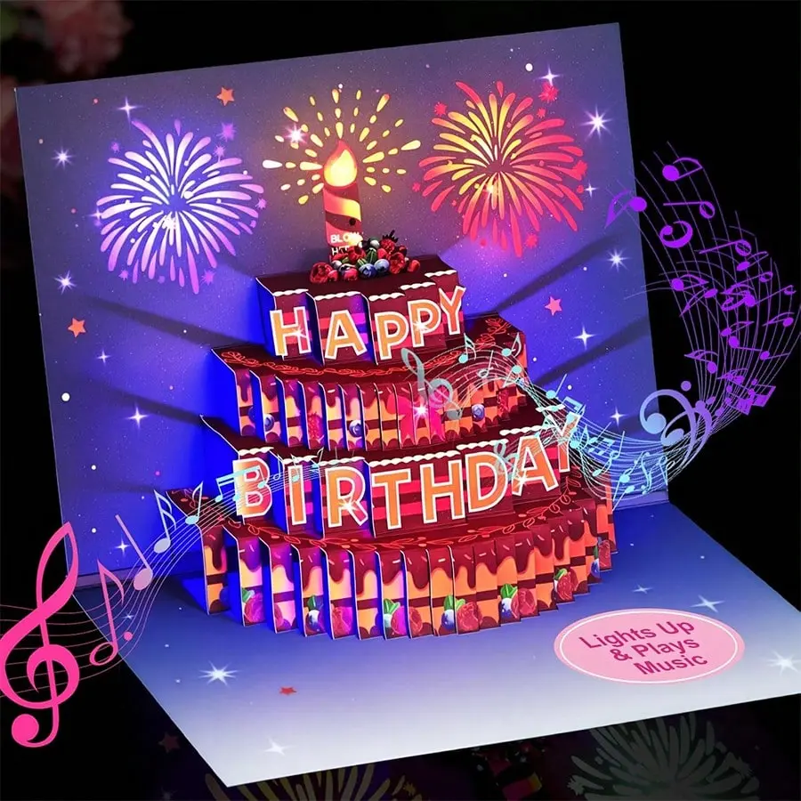 3D Pop-Up Musical Birthday Card with Lights, Blowable Candles - Office Stationery Greeting Card for Family & Friends, Birthday Gift Decoration Pop Up Cards father's day cards