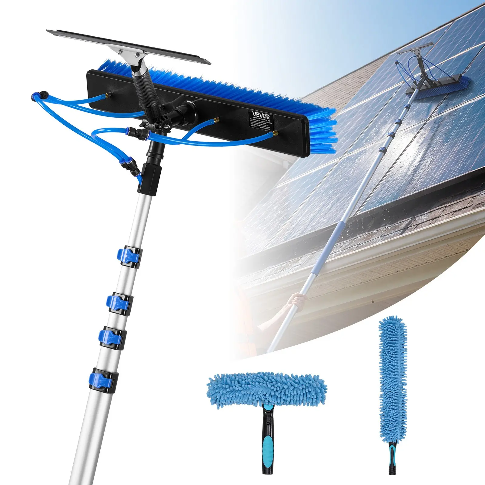 VEVOR Solar Panel Cleaning Kit Set, 26 ft Extendable Aluminum Pole, Water Fed Kit with Rotating Head Brush, Squeegee, Soap Dispenser, for Outdoor Roof Mounted Solar Panels, 8 M/26 Ft