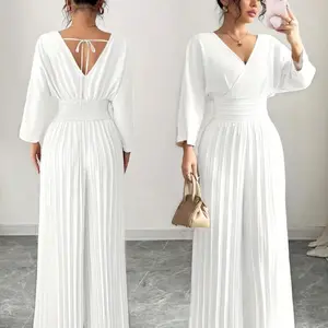 Women's Solid Color Crossed V-Neck 3/4 Sleeve Ruffle Wide Leg Elegant Jumpsuit