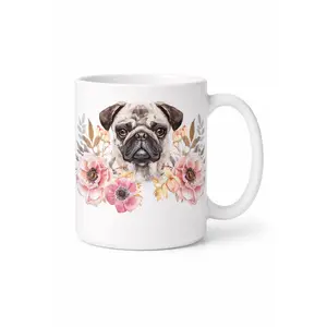 Floral Pug Mug – Watercolor Dog Lover Gift | Cute Pug Coffee Mug | 15oz Ceramic Mug