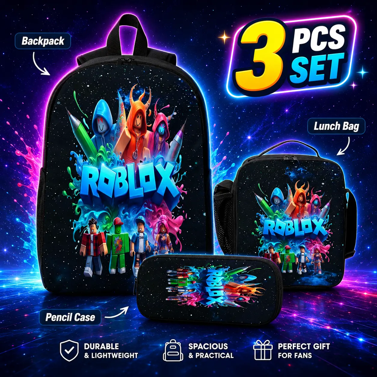 Roblox 3PCS Backpack Set for Kids School Bag Lunch Bag Pencil Case Gaming Style Gift