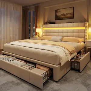 Raybee Furniture 3 Drawers Bed frame for Queen, No Mattress, LED Bed Frame with Adjustable Headboard and Storage, NO Noise,No Spring Needed, Hold 880LBS, Beige, Gray