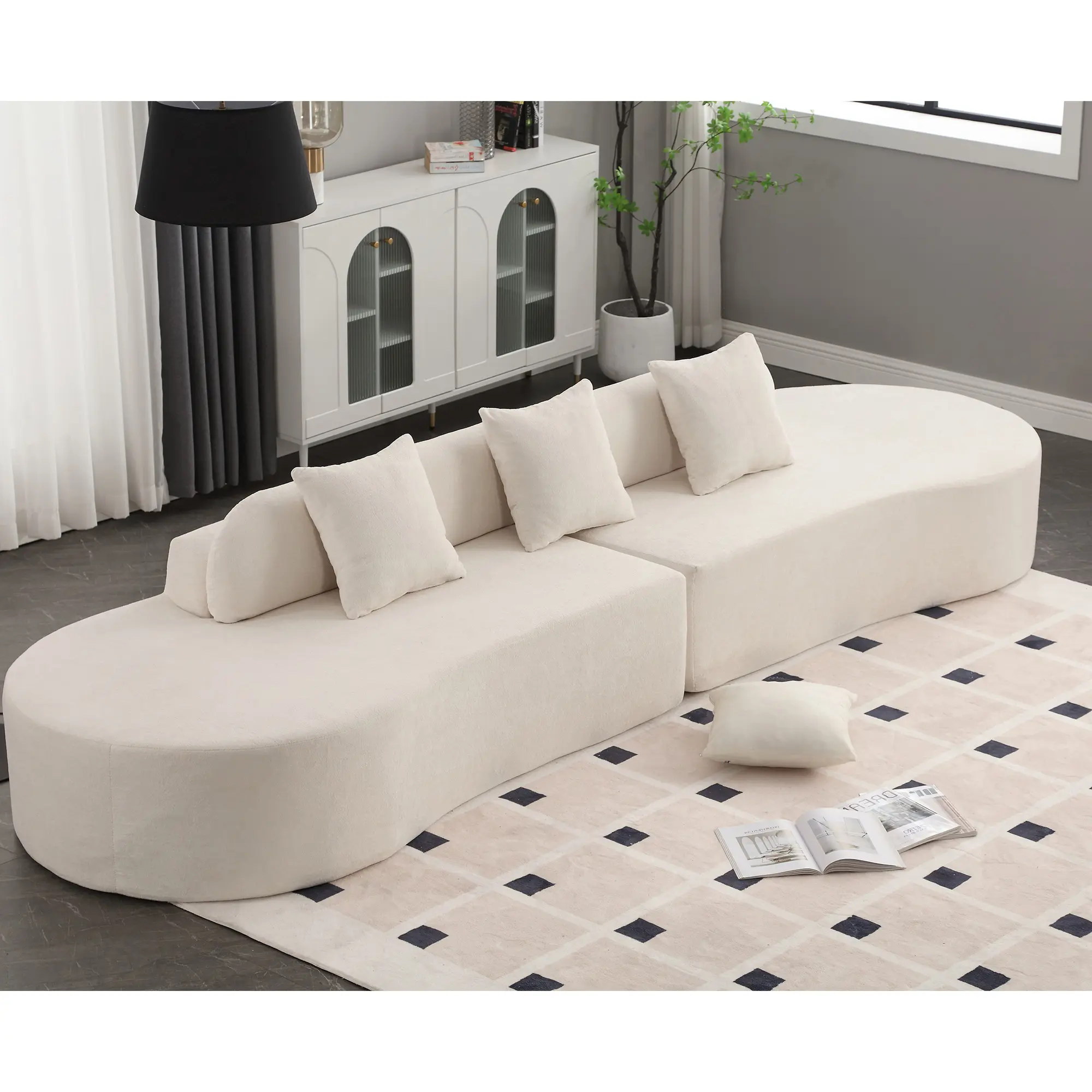 Niccae Modern curved combination sofa, terrycloth fabric sofa, minimalist sofa in living room, apartment, no assembly required, three pillows,Beige