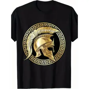 Men'S Spartan Helmet and Greek Gladiator Design T-Shirt| Retro Ancient Greece Warrior Print, Short Sleeve, Comfortable Round Neck, Casual Gym Wear, Perfect for History Buffs and Spartan Themed Events