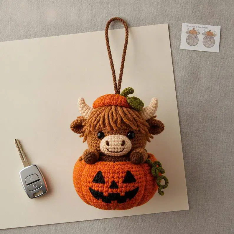 Cute Highland Cow In Pumpkin Crochet Car Charm, Halloween Rear View Mirror Accessory, Fall Autumn Farm Animal Amigurumi Decor Gift