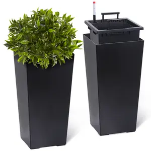 Set of 2 Tall Planters, Black Indoor & Outdoor Planter Pots with Drainage Holes, Water Level Monitor and Inner Bucket, Self-Watering Design for Front Porch Decor
