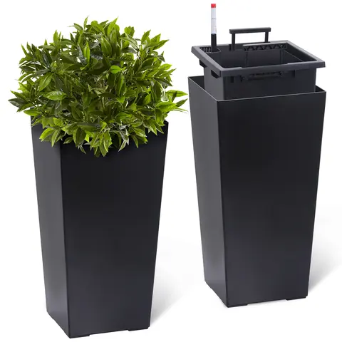 Garvee Set of 2 Tall Planters, Black Indoor & Outdoor Planter Pots with Drainage Holes, Water Level Monitor and Inner Bucket, Self-Watering Design for Front Porch Decor