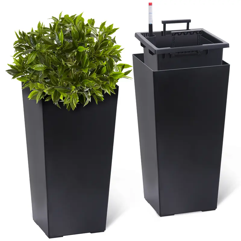 Garvee Set of 2 Tall Planters, Black Indoor & Outdoor Planter Pots with Drainage Holes, Water Level Monitor and Inner Bucket, Self-Watering Design for Front Porch Decor