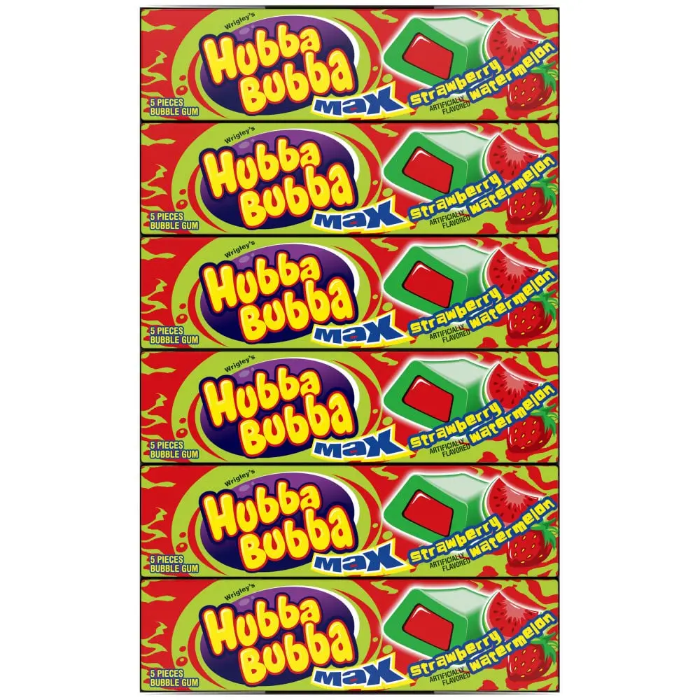 HUBBA BUBBA Bubble Gum Bulk, Chewing Gum Bulk Strawberry Watermelon Flavored, 6 Pack, 5 Pieces, Candy