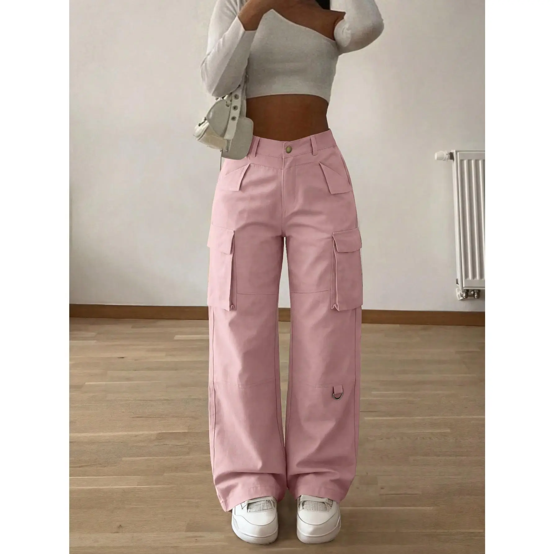 Pink Elastic Waist Pocket Retro Y2K Casual Elegant Cute Wide Leg Cargo Pants, Versatile For Airport, Street, Back To School, Graduation, Teacher's Day, Club Party, Mother's Day, Thanksgiving, Concert, Outdoor
