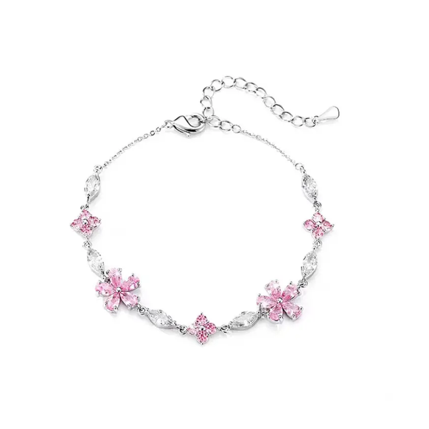 Women's Sweet Pink Cherry Blossom Floral Motif Crystal Beads Chain Bracelet - Dainty Minimalist Hand Jewelry, Trendy Ins-Style Elegant Accessory for Daily Wear, Gifts for Girlfriend