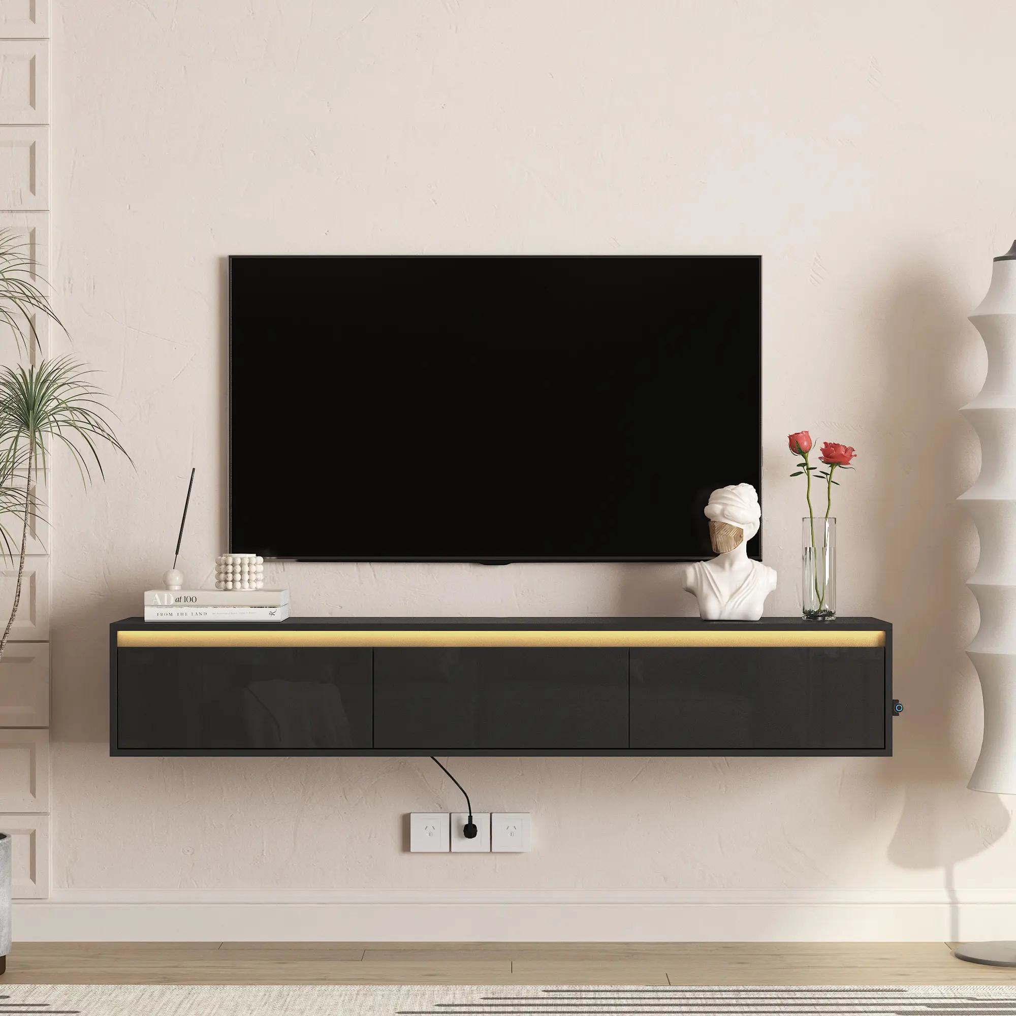 65" High-Gloss Suspended Wall-Mounted TV Cabinet with LED Lights & Power Outlet, Space-Saving Shelf for Living Room Stands